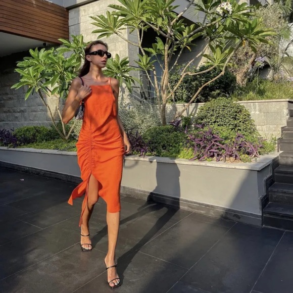 NEW RESERVED Ruched Midi Dress in Orange Size EU36 - Picture 4 of 10